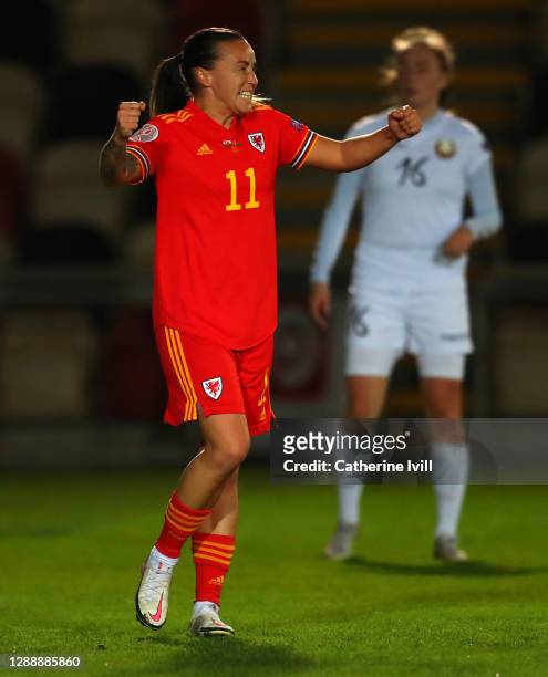 Natasha Harding of Wales celebrates after she scores the first goal during the UEFA Women's EURO 2022 Qualifier between Wales and Belarus at Rodney...