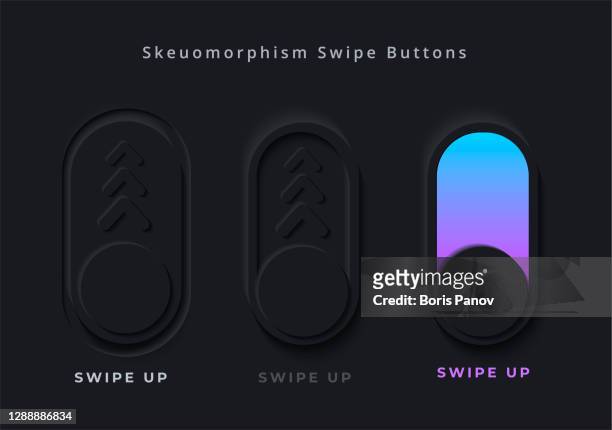 slide unlock or slide up button for mobile phone app or user interface in clean and modern dark skeuomorphism and neumorphism graphic style for night mode ui template - 3d button stock illustrations