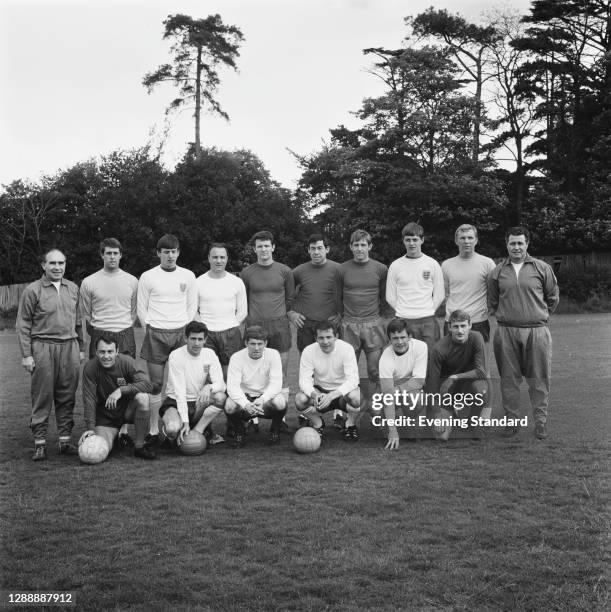 The England football team, UK, 24th May 1967. From left to right manager Alf Ramsey, Geoff Hurst, Martin Peters, George Cohen, Brian Labone, Gordon...