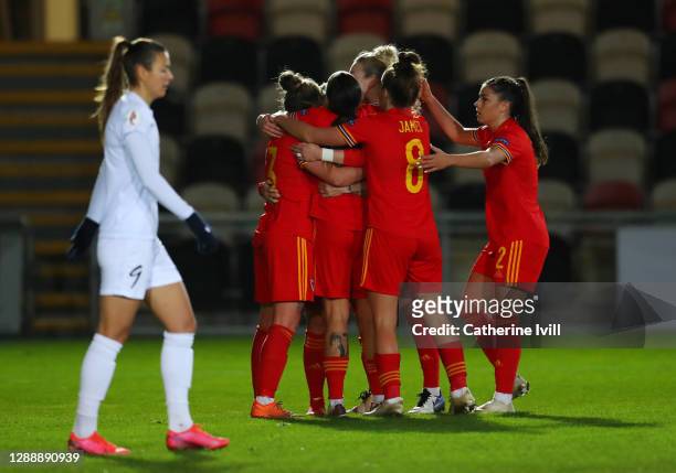 Natasha Harding of Wales celebrates after she scores the first goal during the UEFA Women's EURO 2022 Qualifier between Wales and Belarus at Rodney...