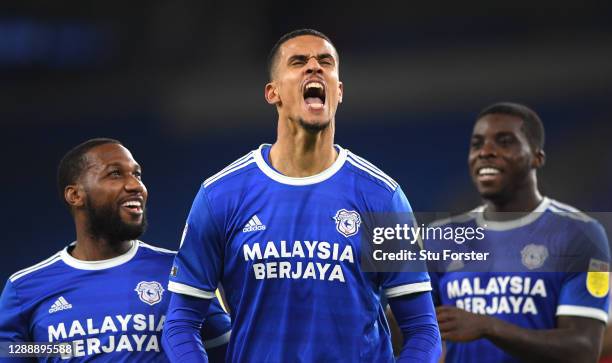 Cardiff striker Robert Glatzel celebrates his goal with Junior Hoilett after scoring the third Cardiff goal during the Sky Bet Championship match...