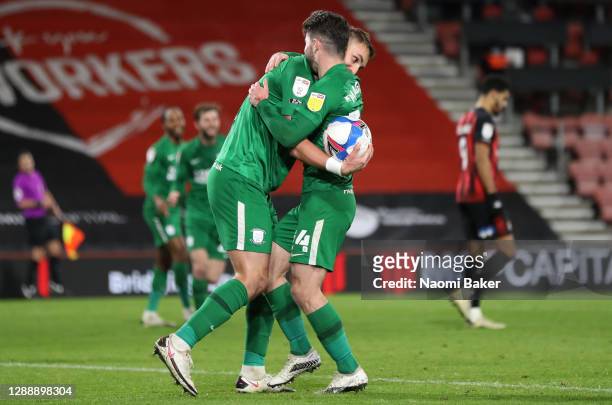 Patrick Bauer of Preston North End celebrates with teammate Sean Maguire after scoring his team's third goal during the Sky Bet Championship match...