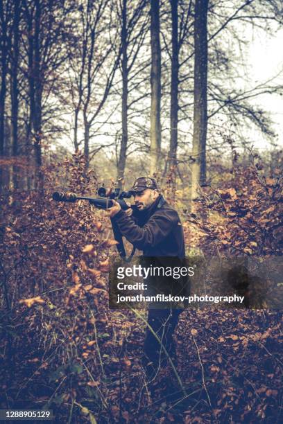 hunter with rifle stalking deer - hunting stock pictures, royalty-free photos & images