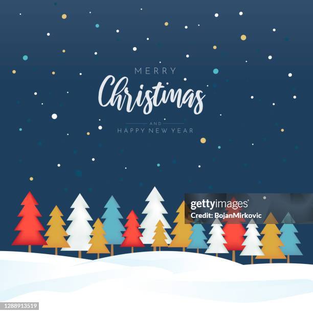 merry christmas and happy new year poster with colorful trees. vector - christmas font stock illustrations