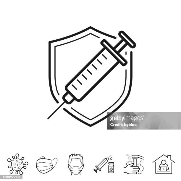 illustrazioni stock, clip art, cartoni animati e icone di tendenza di vaccino - proteggere con la vaccinazione. icona linea - tratto modificabile - siringa