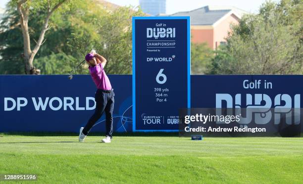 Romain Wattel of France plays off the sixth during Day One of the Golf in Dubai Championship at Jumeirah Golf Estates on December 02, 2020 in Dubai,...