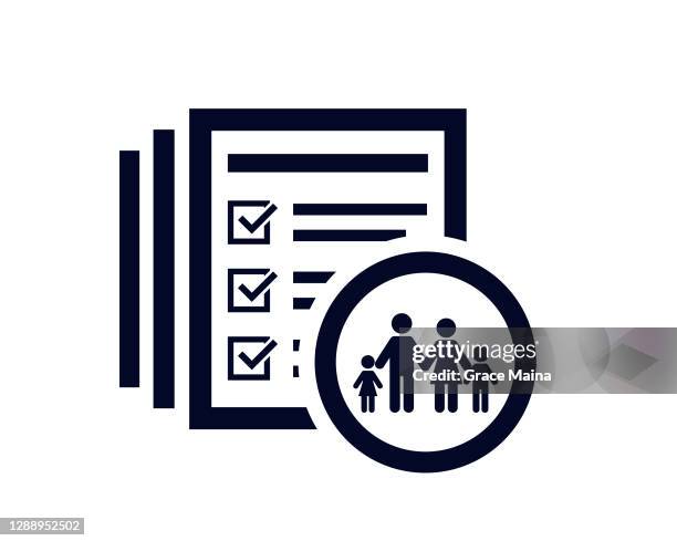 document list with tick check marks and stick figure family icon - organized mom stock illustrations
