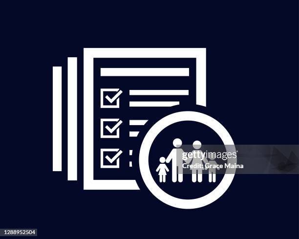document list with tick check marks and stick figure family icon - organized mom stock illustrations