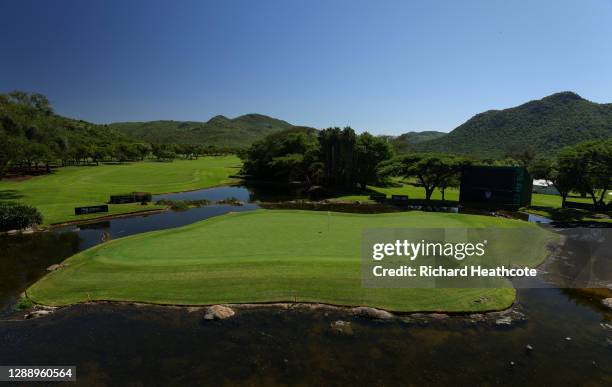 General view of the 18th green during a practice round for the South African Open at Gary Player CC on December 02, 2020 in Sun City, South Africa.