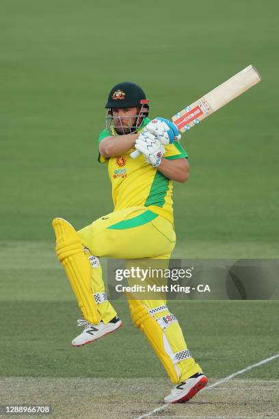 Aaron Finch of Australia bats during game three of the One Day International series between Australia and India at Manuka Oval on December 02, 2020...