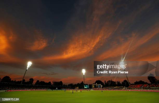 General view of play at sunset during game three of the One Day International series between Australia and India at Manuka Oval on December 02, 2020...