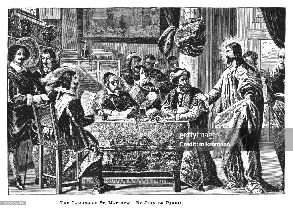 Old engraved illustration of The Calling of Saint Matthew by Juan de Pareja