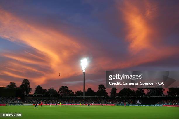 General view at sunset during game three of the One Day International series between Australia and India at Manuka Oval on December 02, 2020 in...