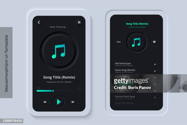 clean and modern skeuomorphism ui or neumorphism mobile music streaming app with 3d indent button icons on modern bezel background user interface template - dark night version - graphical user interface stock illustrations