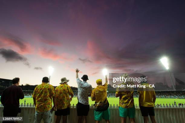 General view of play at sunset during game three of the One Day International series between Australia and India at Manuka Oval on December 02, 2020...