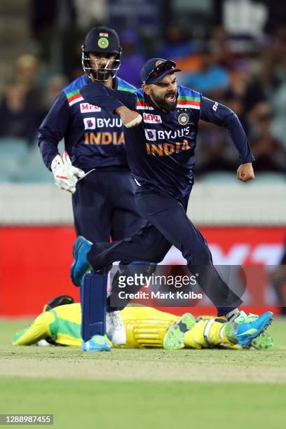 Virat Kohli of India celebrates the run out of Alex Carey of Australia during game three of the One Day International series between Australia and...