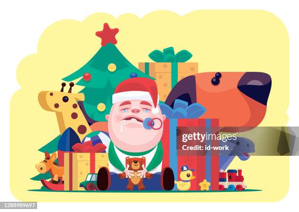 illustrations, cliparts, dessins animés et icônes de bébé s’asseyant avec le cadeau et les jouets à noël - christmas angry