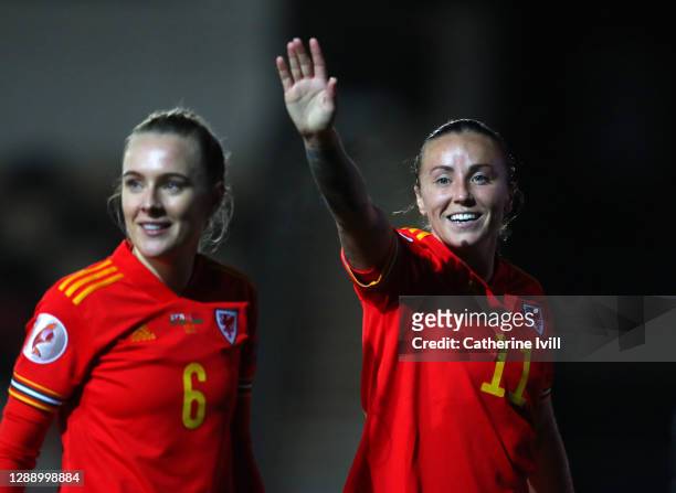 Natasha Harding waves after the UEFA Women's EURO 2022 Qualifier between Wales and Belarus at Rodney Parade on December 01, 2020 in Newport, Wales.