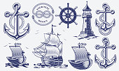 A set of black and white vintage nautical illustrations