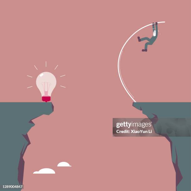 a man trying to get a light bulb on the opposite cliff, use the pole vault. - mountain above clouds stock illustrations