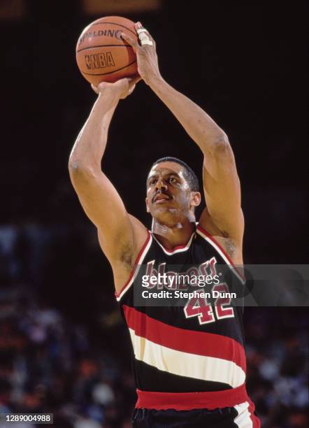Wayne Cooper, Center and Power Forward for the Portland Trail Blazers prepares to make a free throw attempt during the NBA Pacific Division...