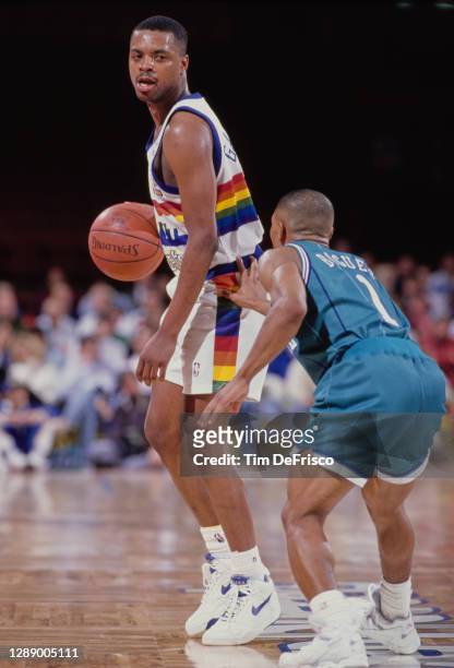 Winston Garland, Point Guard for the Denver Nuggets gets checked by Muggsy Bogues of the Charlotte Hornets during their NBA Midwest Division...