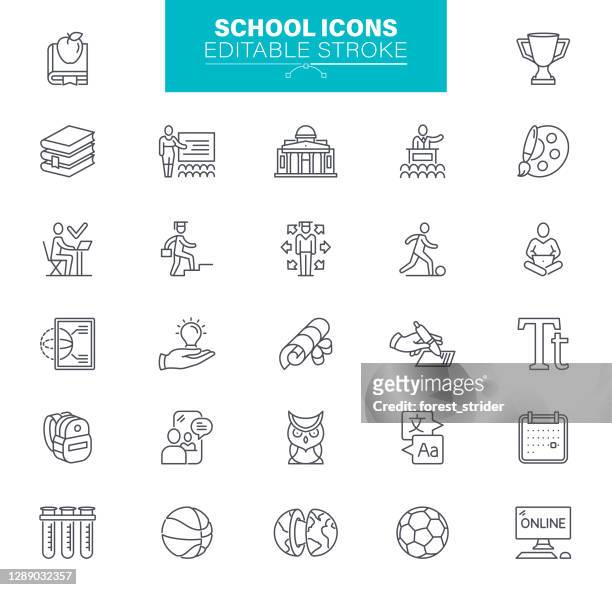 schulsymbole editable stroke - online education line icons set - homework stock-grafiken, -clipart, -cartoons und -symbole