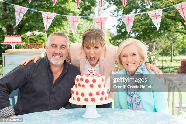 Judges Mary Berry and Paul Hollywood with Mel Giedroyc, take part in a special episode of The Great British Bake Off for Sport Relief 2016. In...