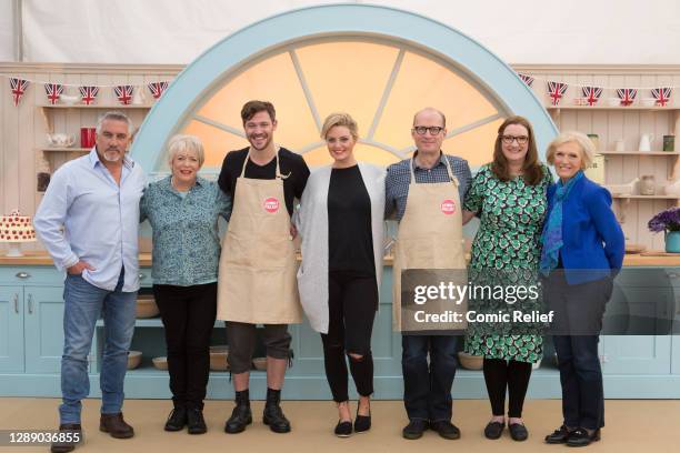 Celebrities smile for the camera before filming the Comic Relief special episode of the Great British Bake Off for sport relief 2016 in Berkshire,...