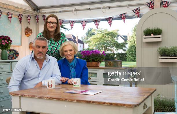 Judges smile for the camera before filming the Comic Relief special episode of the Great British Bake Off for sport relief 2016 in Berkshire,...