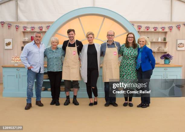 Celebrities smile for the camera before filming the Comic Relief special episode of the Great British Bake Off for sport relief 2016 in Berkshire,...