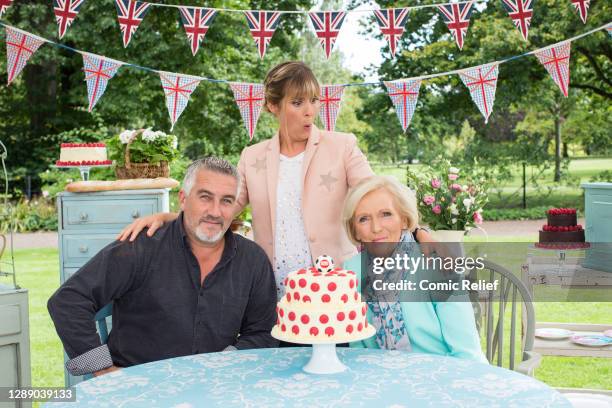 Judges of the comic relief special episode of the 'Great British Bake Off' smile for the camera before filming sport relief 2016 in Berkshire,...