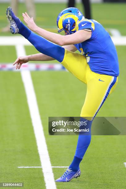 Johnny Hekker of the Los Angeles Rams punts during the second half against the San Francisco 49ers at SoFi Stadium on November 29, 2020 in Inglewood,...