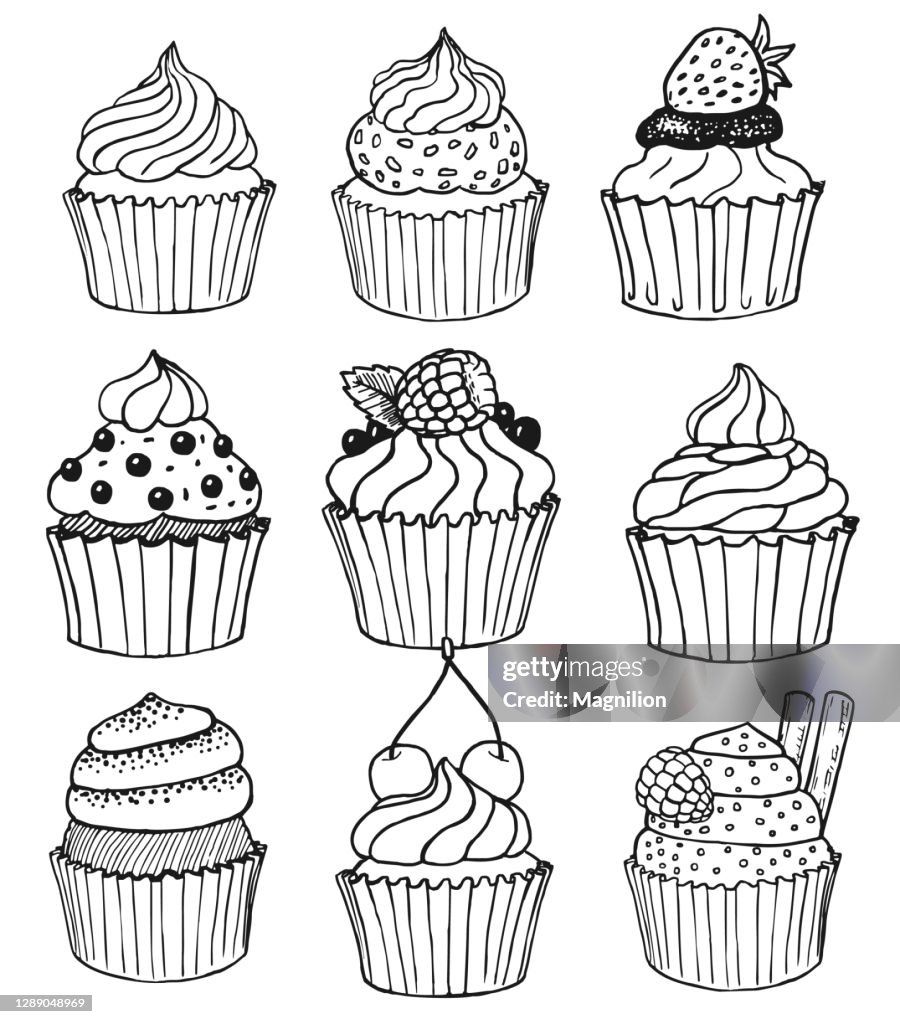 Cupcake Vektor Doodles Set
