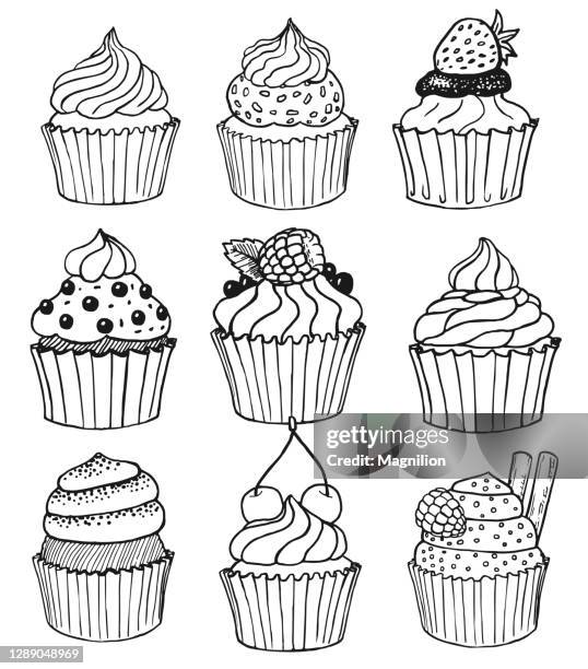 ilustrações, clipart, desenhos animados e ícones de conjunto de doodles vetor de cupcake - bolo