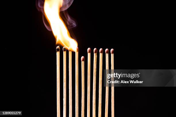 the process of social distancing and self isolation explained with matches creating a fire break - domino effect stock pictures, royalty-free photos & images