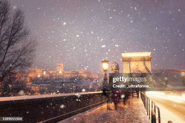 illuminated szechenyi chain bridge of budapest in a snowy winter landscape at dusk - royal palace budapest stock pictures, royalty-free photos & images