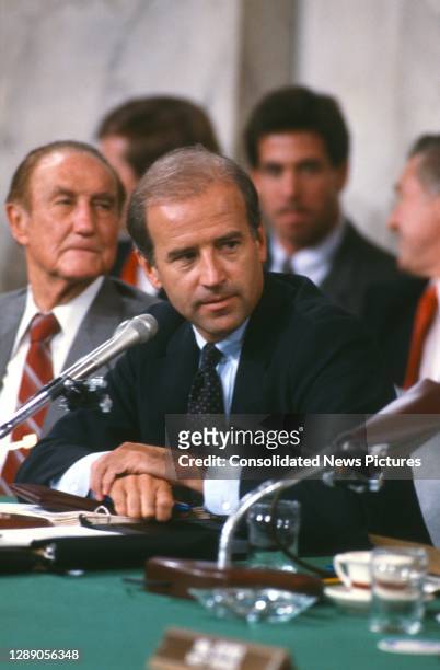 View of American politician, US Senator, and Chairman of the Senate Judiciary Committee Joseph Biden during a hearing, Washington DC, September 15,...