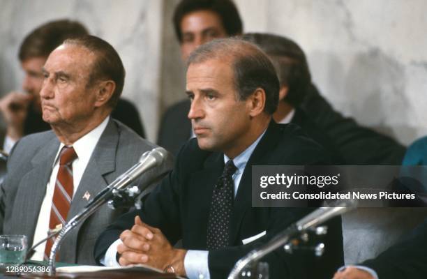 View of American politician, US Senator, and Chairman of the Senate Judiciary Committee Joseph Biden during a hearing, Washington DC, September 15,...