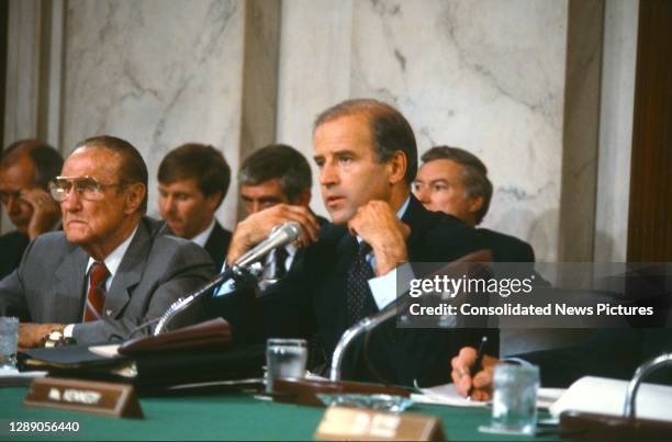 View of American politician, US Senator, and Chairman of the Senate Judiciary Committee Joseph Biden during a hearing, Washington DC, September 15,...