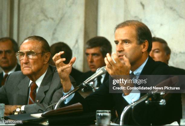 View of American politician, US Senator, and Chairman of the Senate Judiciary Committee Joseph Biden during a hearing, Washington DC, September 15,...