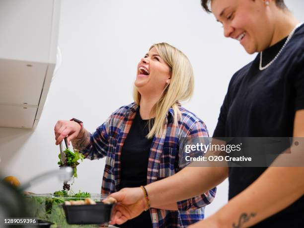 casal de mulheres preparando alimentos saudáveis - casal de verdade - fotografias e filmes do acervo