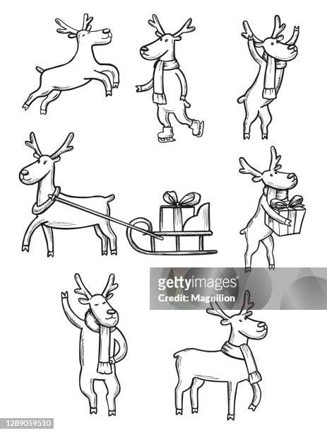 ilustraciones, imágenes clip art, dibujos animados e iconos de stock de conjunto de doodles de ciervos de navidad - carro de corrida