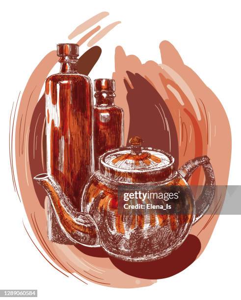ink, pen. ceramic tableware, kettle and bottles for liquid. illustration - cafe table close up stock illustrations