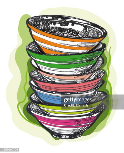 tinte, stift. skizzenstapel von platten - buffet table stock-grafiken, -clipart, -cartoons und -symbole