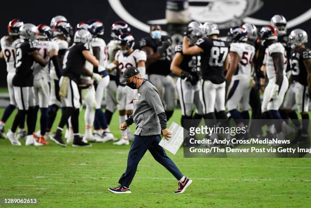 Denver Broncos head coach Vic Fangio was out onto the field to greet the Las Vegas Raiders head coach Jon Gruden after losing to the Raiders 37-12 at...