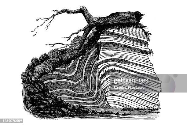 fault with the layers being dragged - fault geology stock illustrations