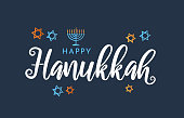 Happy Hanukkah lettering on blue background with menorah and stars. Vector