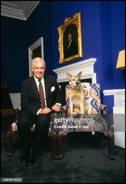 Portrait of American politician US Representative Tom Foley as he poses, with his dog Alice, in his office, Washington DC, September 1987.