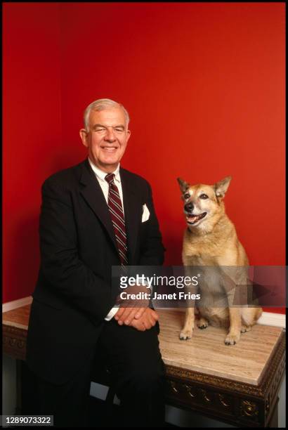 Portrait of American politician US Representative Tom Foley as he poses, with his dog Alice, in his office, Washington DC, September 1987.